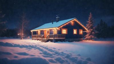 The primary subject of the image is a blue house with a snow-covered roof, surrounded by a snowy landscape. The house has a cozy and inviting atmosphere, with lights illuminating the windows. The setting is a snowy night, with the house standing out against the white snow. The visual style of the image is a photo, capturing the beauty of the snowy scene. The colors and mood of the image are predominantly cold and serene, with the blue house and snow creating a peaceful and
